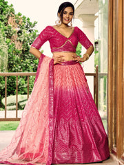 Rani Pink Lehenga Choli with Gold Chevron Work and Peach Dupatta