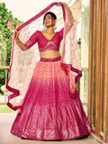 Rani Pink Lehenga Choli with Gold Chevron Work and Peach Dupatta