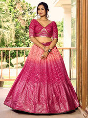 Rani Pink Lehenga Choli with Gold Chevron Work and Peach Dupatta
