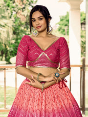 Rani Pink Lehenga Choli with Gold Chevron Work and Peach Dupatta