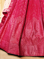 Rani Pink Lehenga Choli with Gold Chevron Work and Peach Dupatta