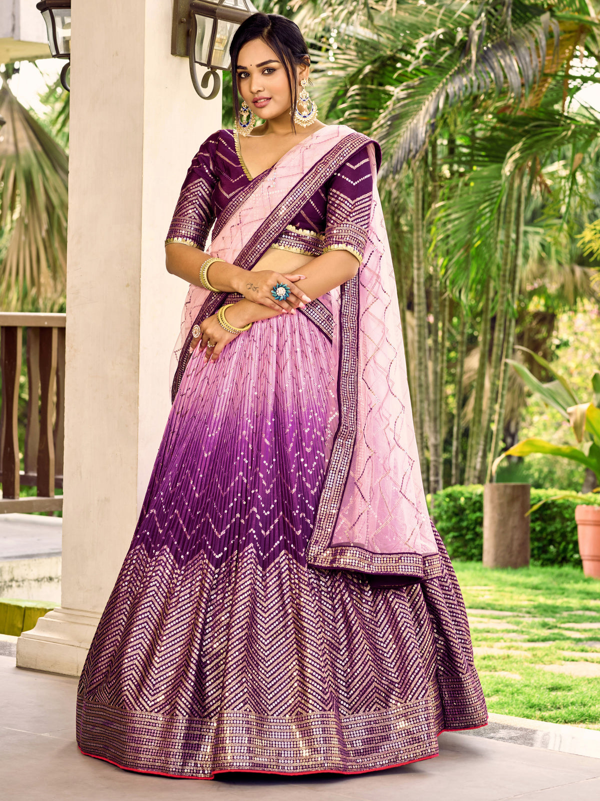 Deep Purple Lehenga Choli with Gold Chevron Work and Light Pink Dupatta