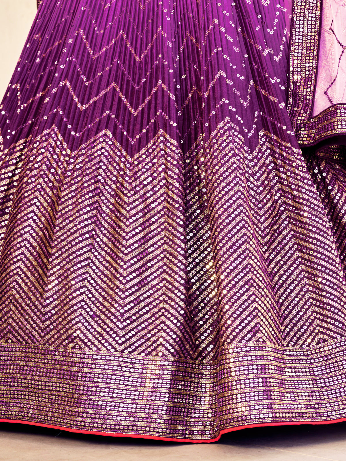 Deep Purple Lehenga Choli with Gold Chevron Work and Light Pink Dupatta