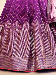 Deep Purple Lehenga Choli with Gold Chevron Work and Light Pink Dupatta
