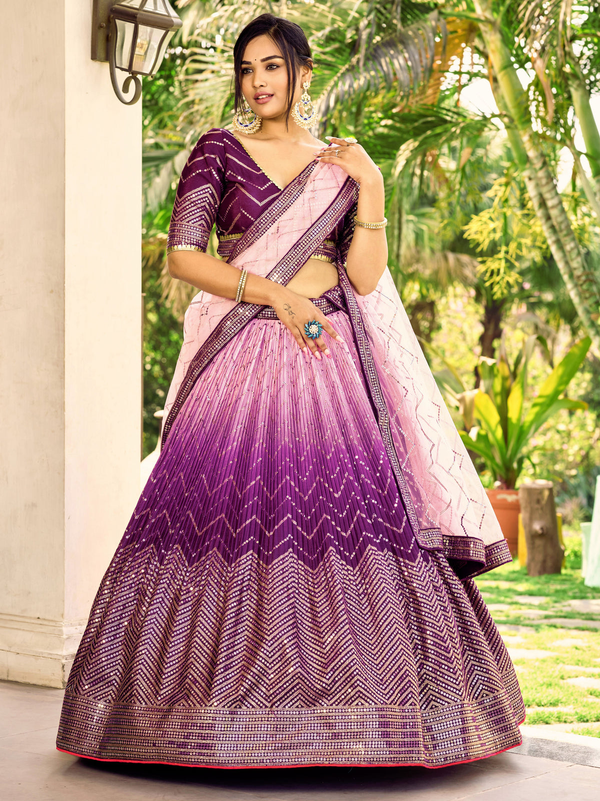 Deep Purple Lehenga Choli with Gold Chevron Work and Light Pink Dupatta