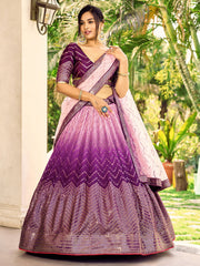 Deep Purple Lehenga Choli with Gold Chevron Work and Light Pink Dupatta