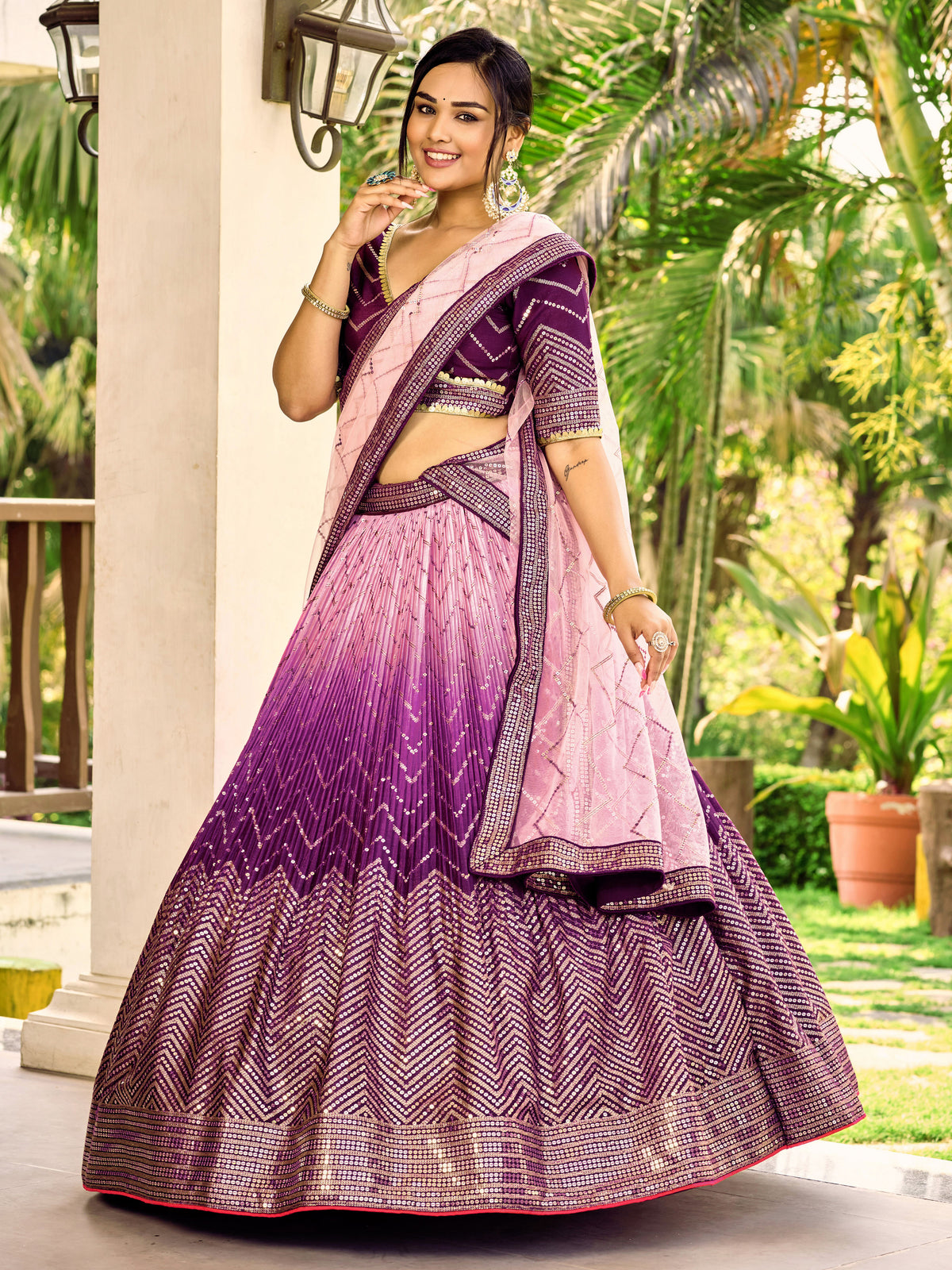 Deep Purple Lehenga Choli with Gold Chevron Work and Light Pink Dupatta