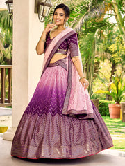 Deep Purple Lehenga Choli with Gold Chevron Work and Light Pink Dupatta