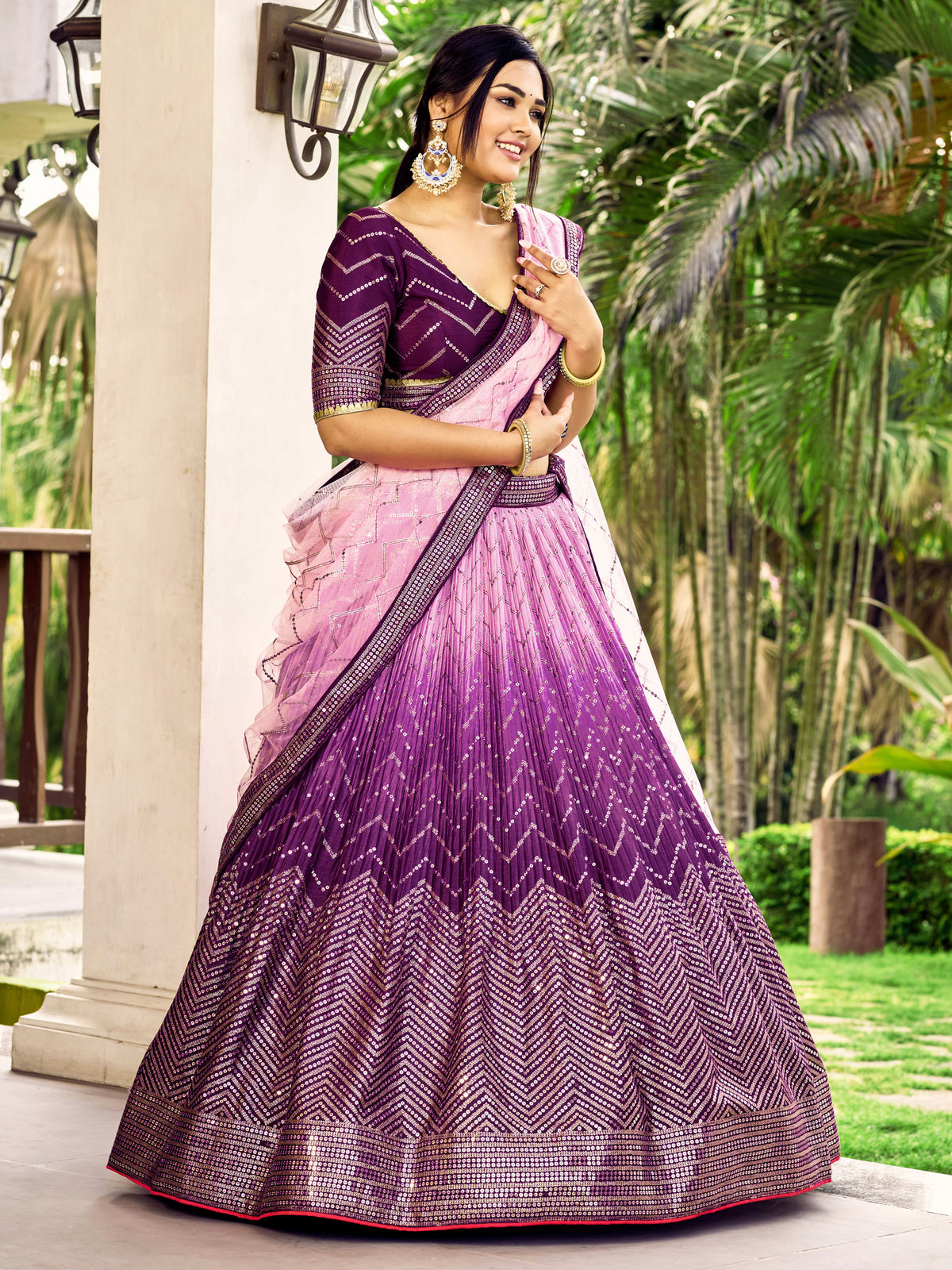Deep Purple Lehenga Choli with Gold Chevron Work and Light Pink Dupatta