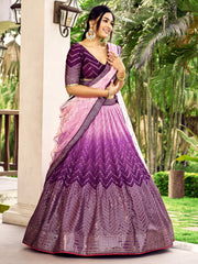 Deep Purple Lehenga Choli with Gold Chevron Work and Light Pink Dupatta