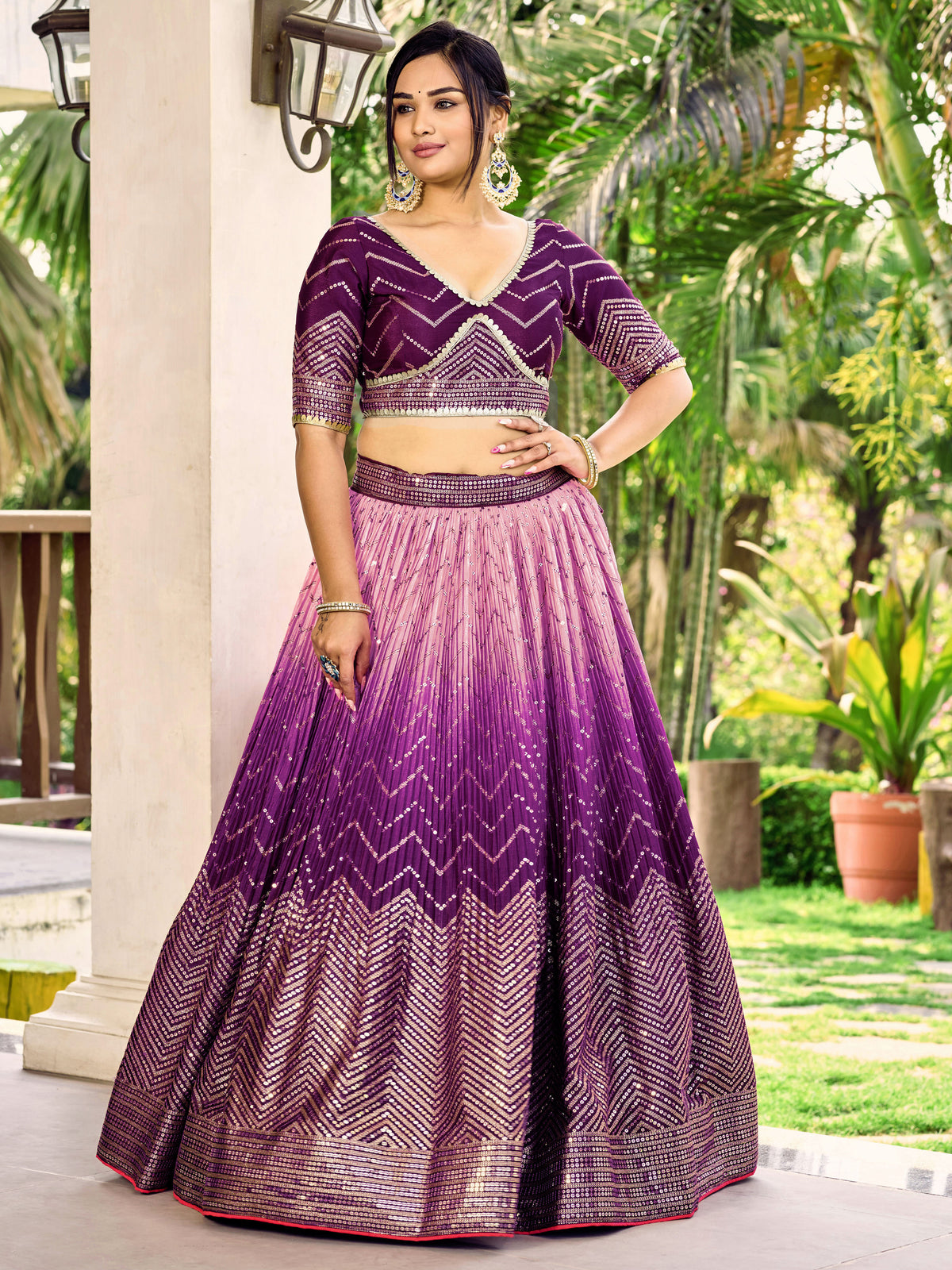 Deep Purple Lehenga Choli with Gold Chevron Work and Light Pink Dupatta