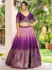 Deep Purple Lehenga Choli with Gold Chevron Work and Light Pink Dupatta