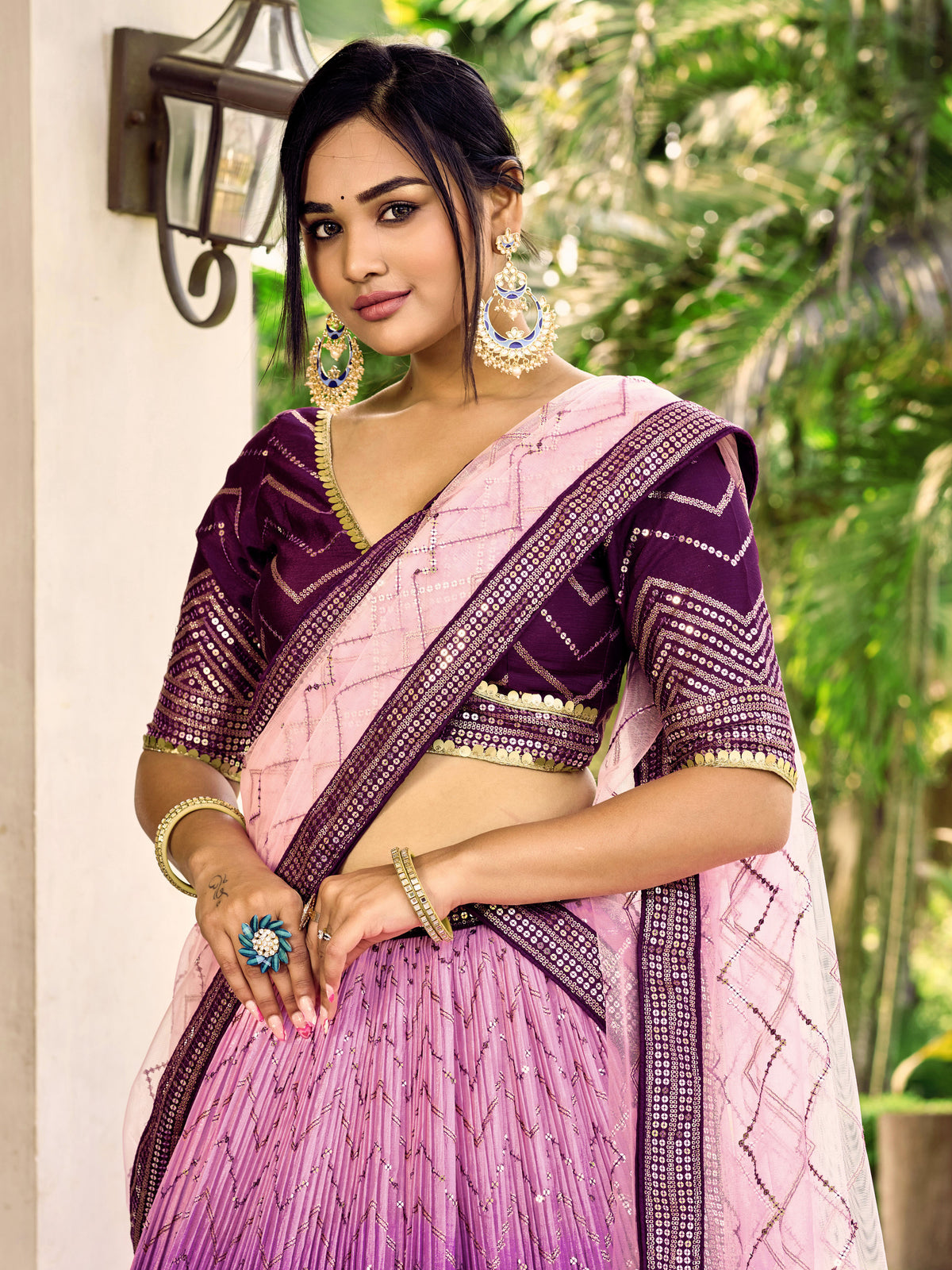 Deep Purple Lehenga Choli with Gold Chevron Work and Light Pink Dupatta