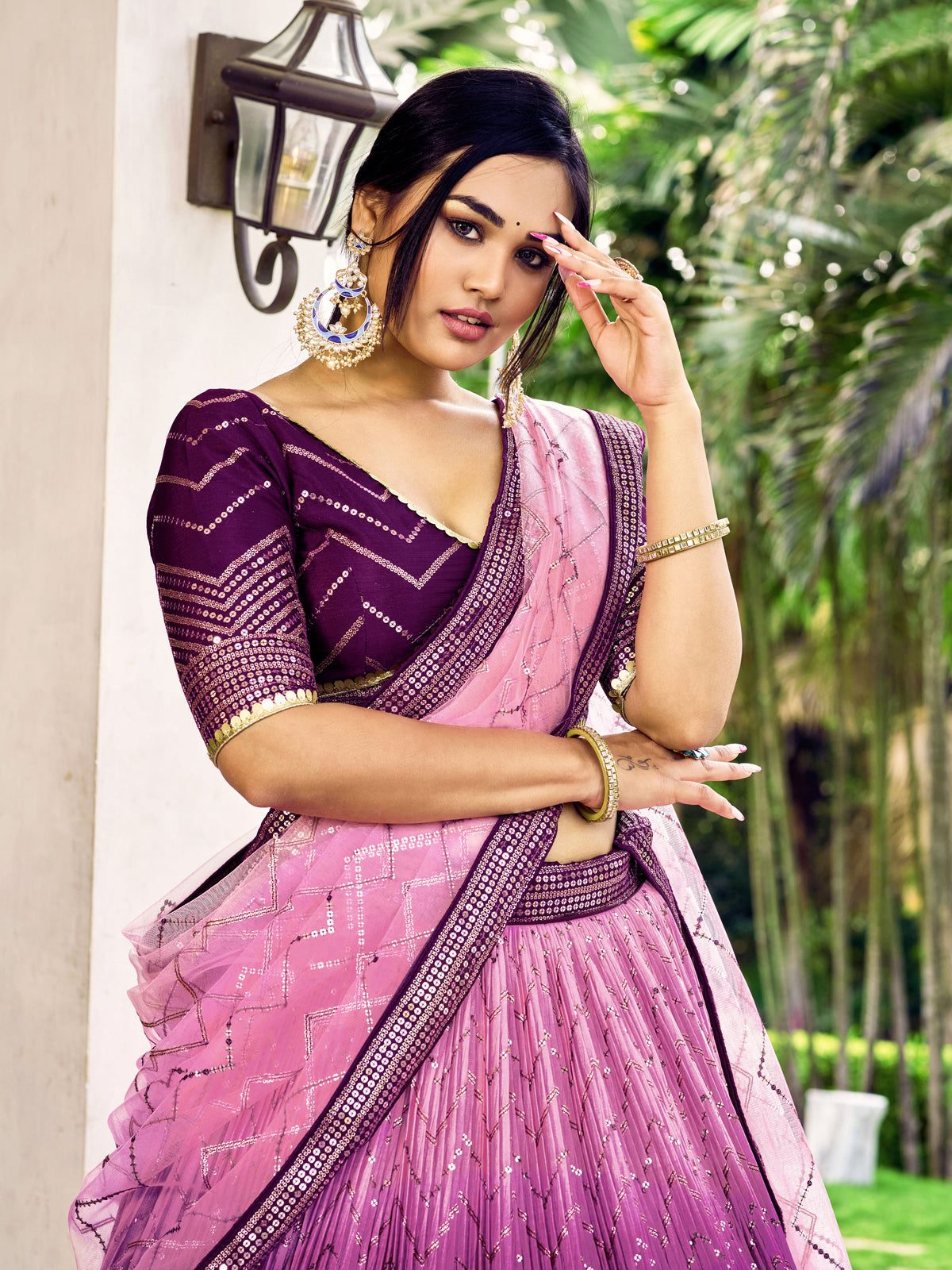 Deep Purple Lehenga Choli with Gold Chevron Work and Light Pink Dupatta