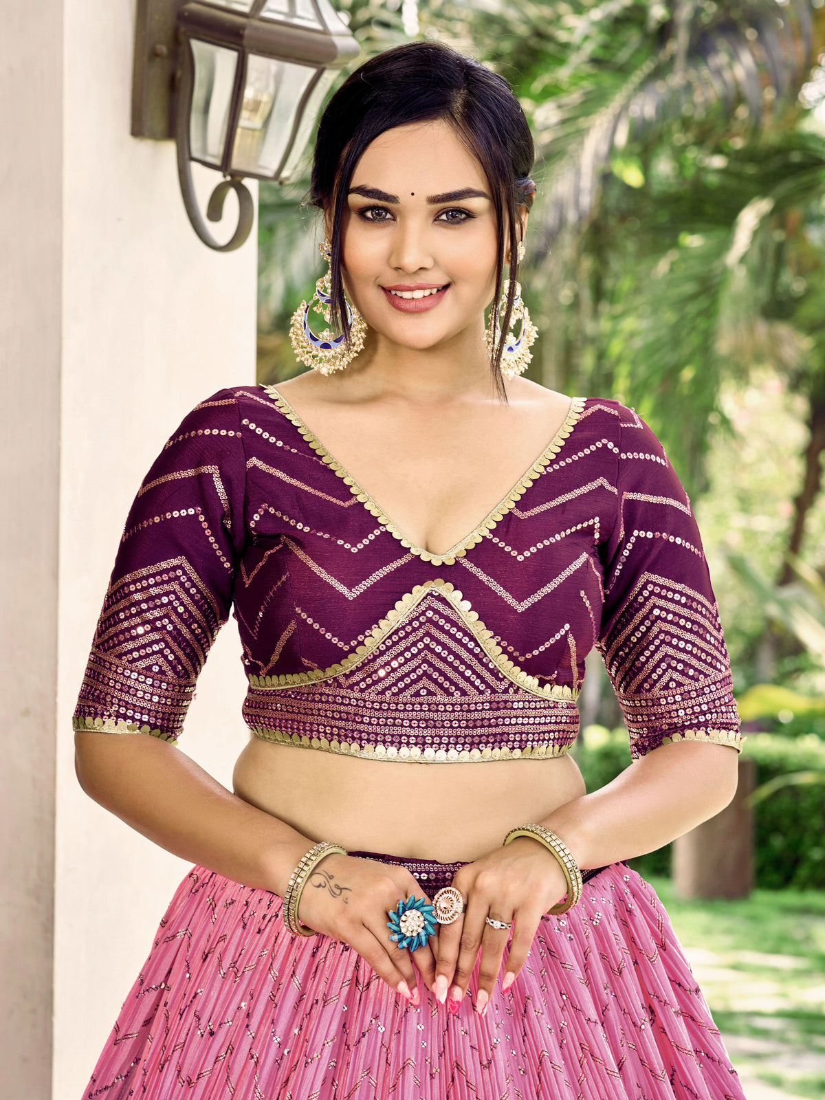 Deep Purple Lehenga Choli with Gold Chevron Work and Light Pink Dupatta