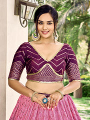 Deep Purple Lehenga Choli with Gold Chevron Work and Light Pink Dupatta