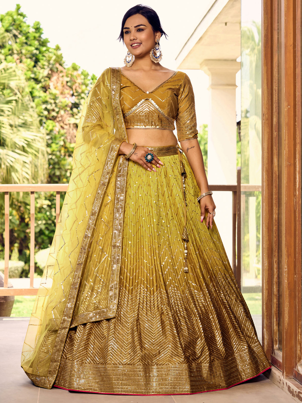 Mustard Yellow Lehenga Choli with Gold Chevron Work and Matching Dupatta