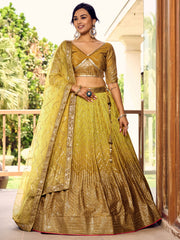 Mustard Yellow Lehenga Choli with Gold Chevron Work and Matching Dupatta