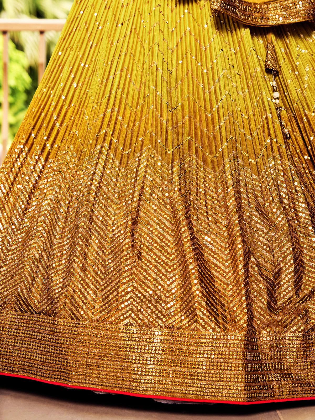 Mustard Yellow Lehenga Choli with Gold Chevron Work and Matching Dupatta