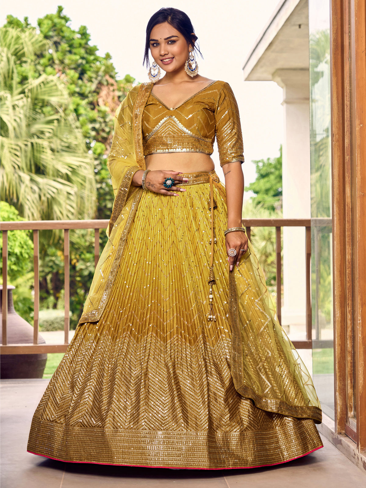 Mustard Yellow Lehenga Choli with Gold Chevron Work and Matching Dupatta