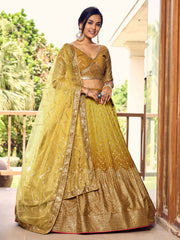 Mustard Yellow Lehenga Choli with Gold Chevron Work and Matching Dupatta