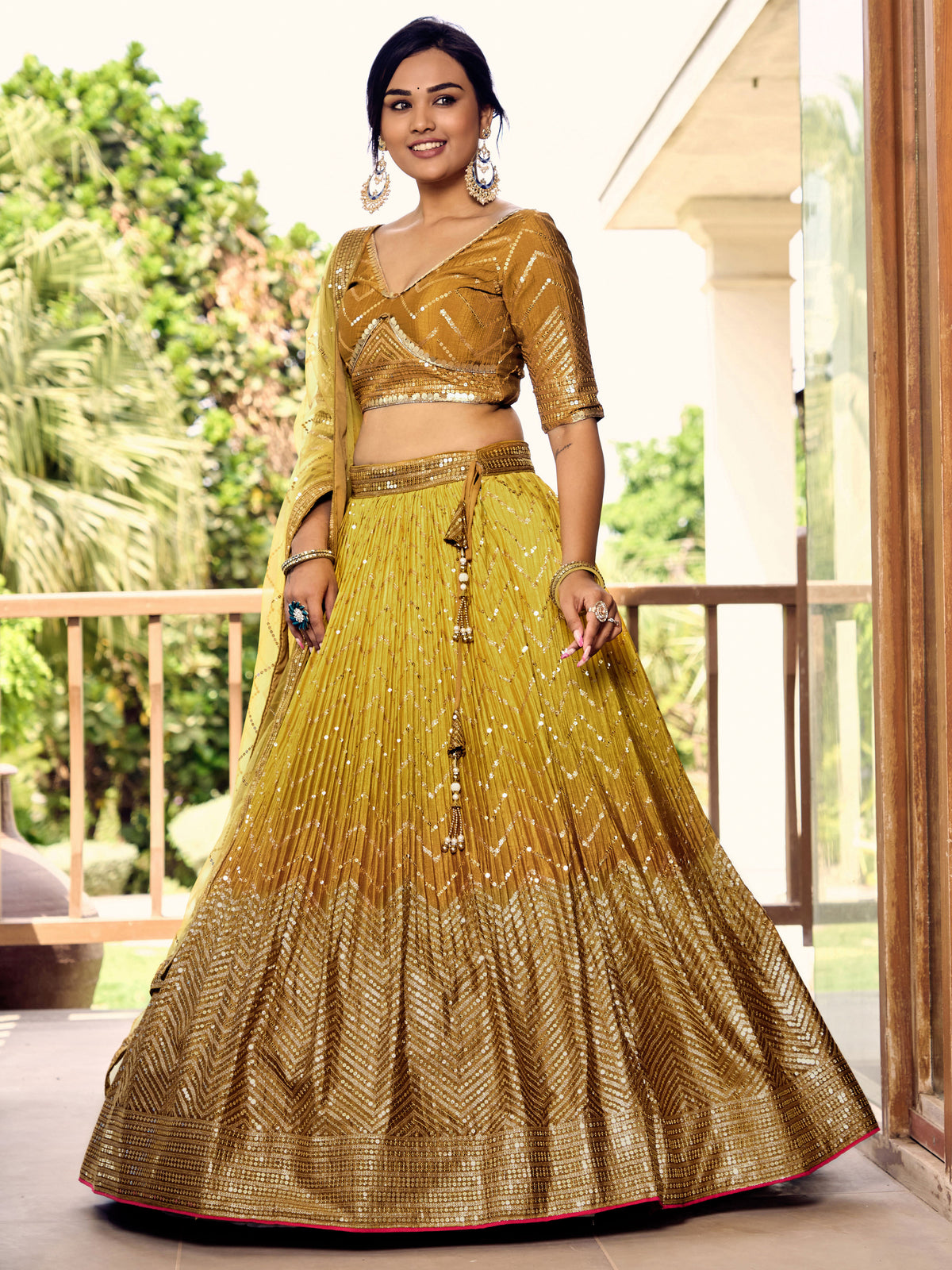 Mustard Yellow Lehenga Choli with Gold Chevron Work and Matching Dupatta