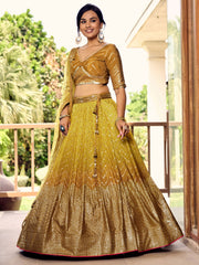 Mustard Yellow Lehenga Choli with Gold Chevron Work and Matching Dupatta