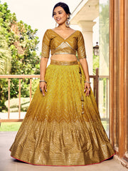 Mustard Yellow Lehenga Choli with Gold Chevron Work and Matching Dupatta