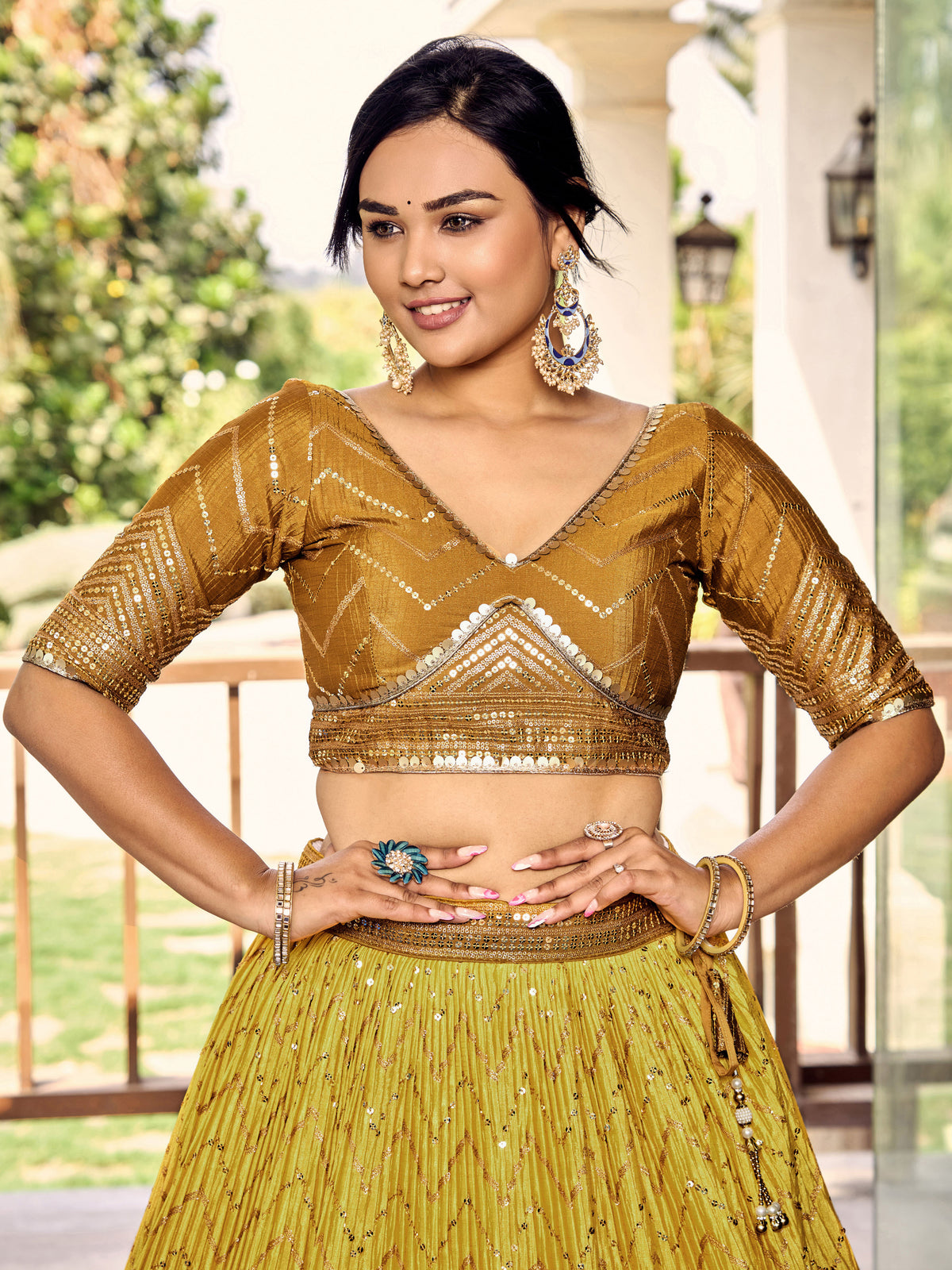 Mustard Yellow Lehenga Choli with Gold Chevron Work and Matching Dupatta