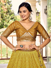 Mustard Yellow Lehenga Choli with Gold Chevron Work and Matching Dupatta