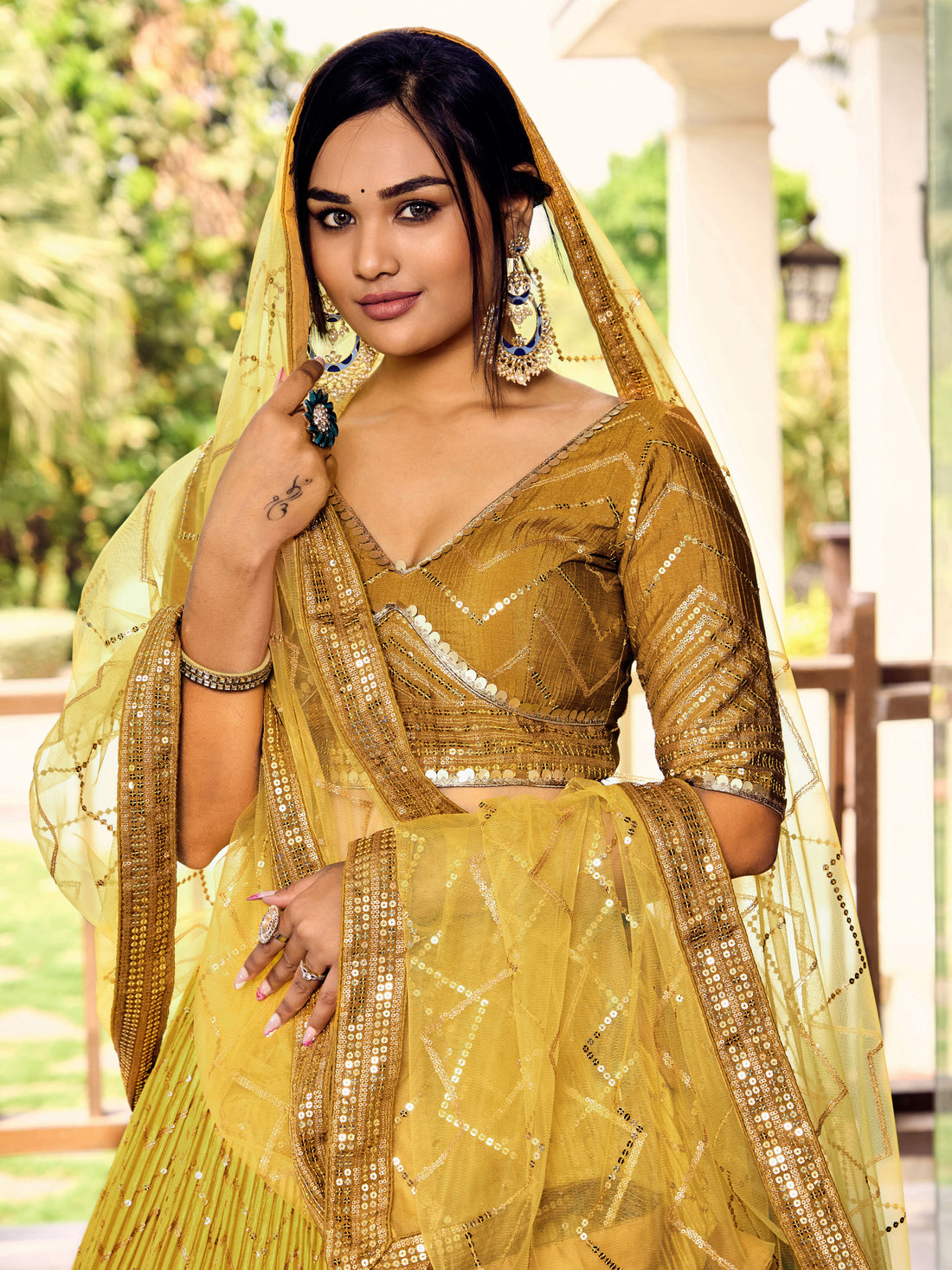 Mustard Yellow Lehenga Choli with Gold Chevron Work and Matching Dupatta
