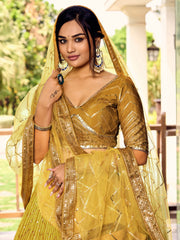 Mustard Yellow Lehenga Choli with Gold Chevron Work and Matching Dupatta