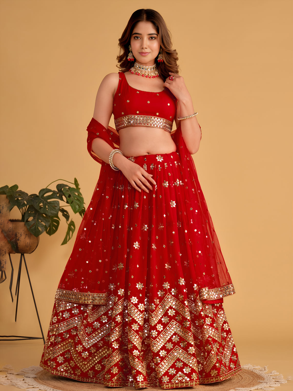 Red Wedding Lehenga Choli with Gold Embroidery and Sequin Work
