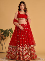Red Wedding Lehenga Choli with Gold Embroidery and Sequin Work