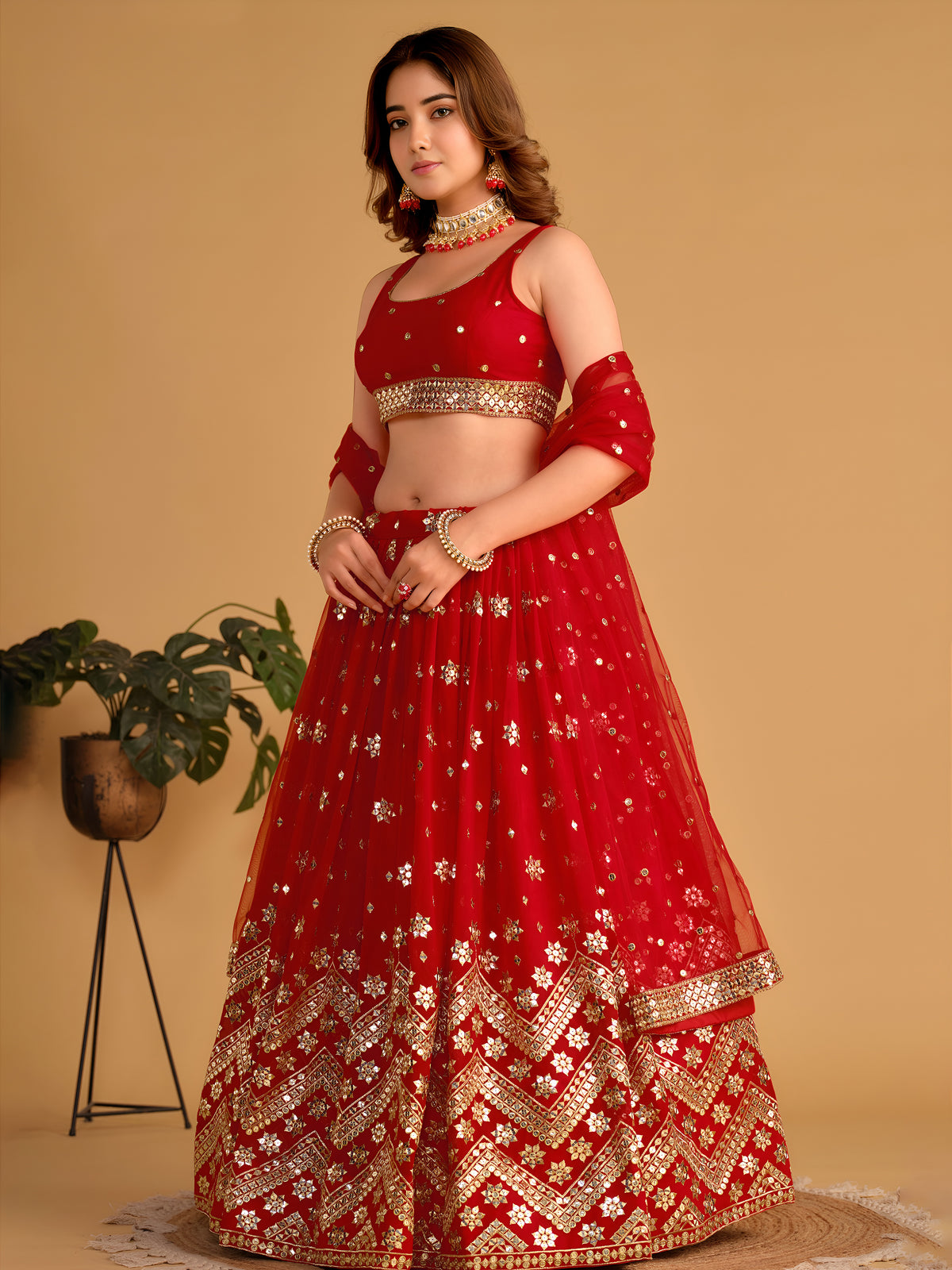 Red Wedding Lehenga Choli with Gold Embroidery and Sequin Work