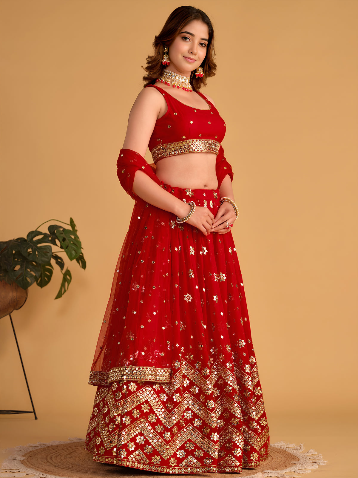 Red Wedding Lehenga Choli with Gold Embroidery and Sequin Work