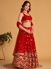 Red Wedding Lehenga Choli with Gold Embroidery and Sequin Work