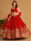Red Wedding Lehenga Choli with Gold Embroidery and Sequin Work