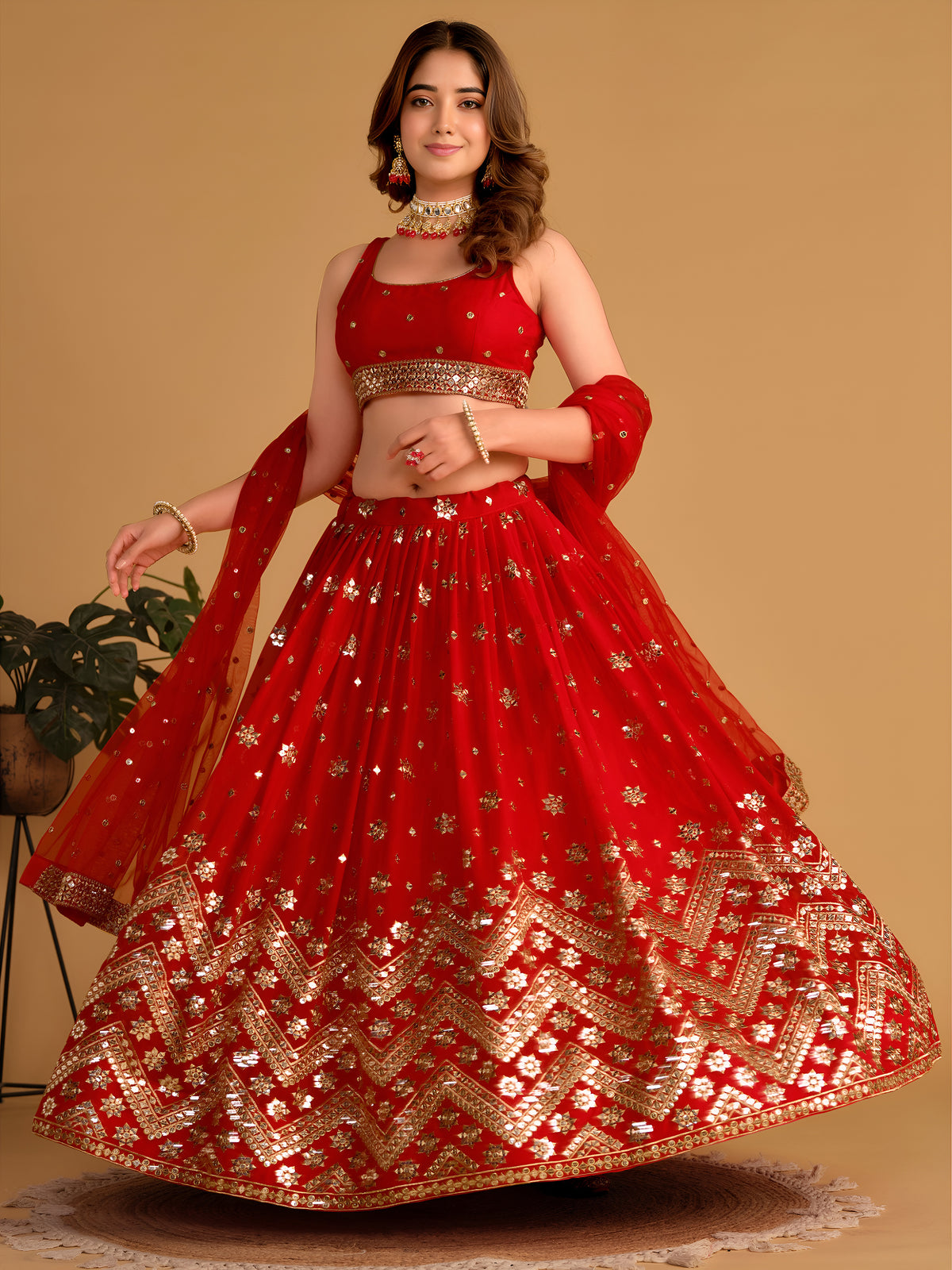 Red Wedding Lehenga Choli with Gold Embroidery and Sequin Work