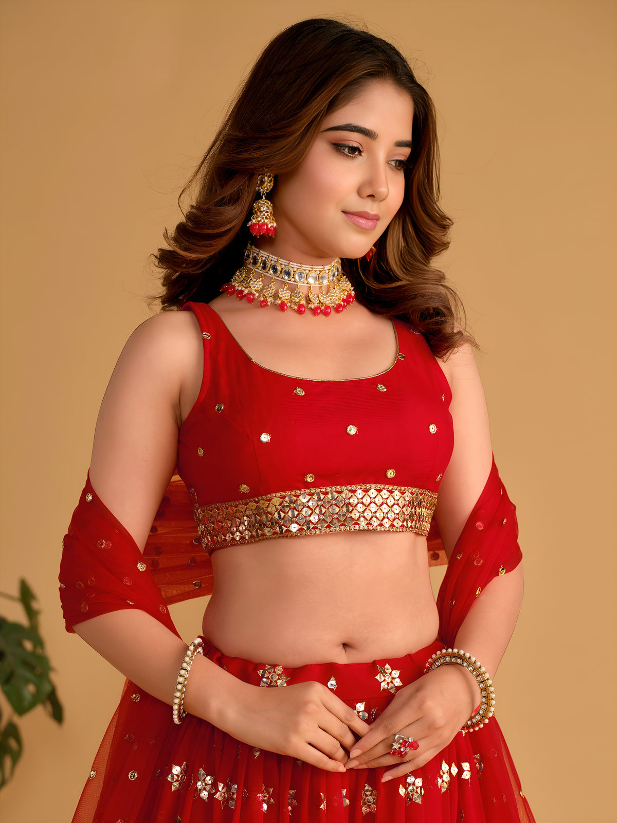 Red Wedding Lehenga Choli with Gold Embroidery and Sequin Work