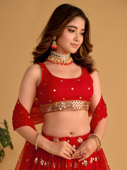 Red Wedding Lehenga Choli with Gold Embroidery and Sequin Work