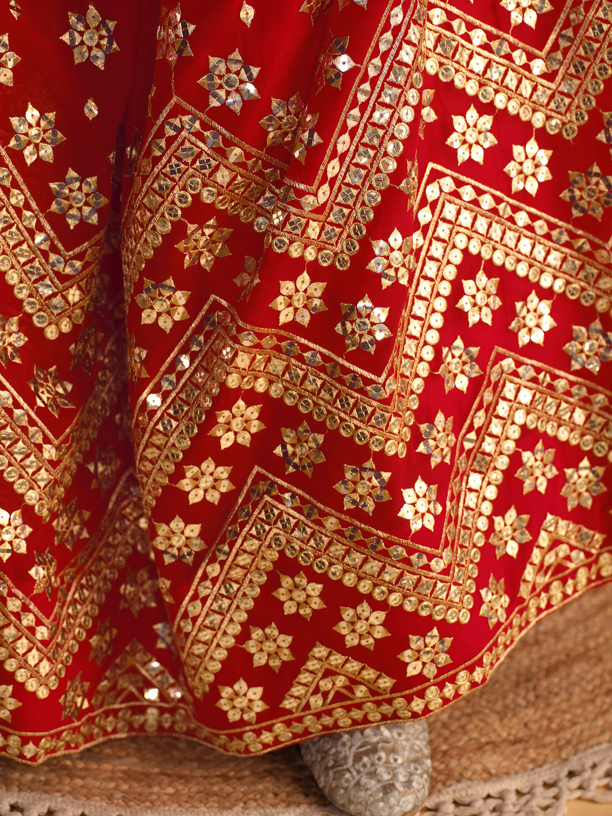 Red Wedding Lehenga Choli with Gold Embroidery and Sequin Work