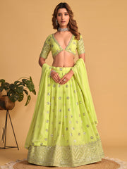NEON Green Embroidered Lehenga Choli with Mirror Work and Designer Dupatta