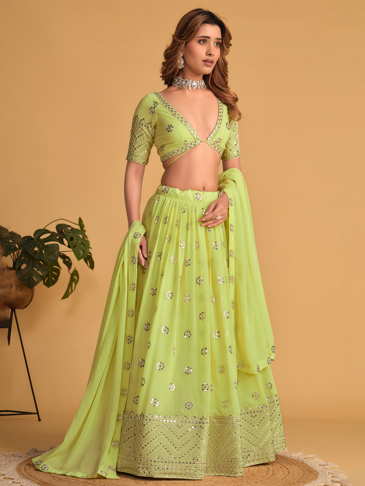 NEON Green Embroidered Lehenga Choli with Mirror Work and Designer Dupatta