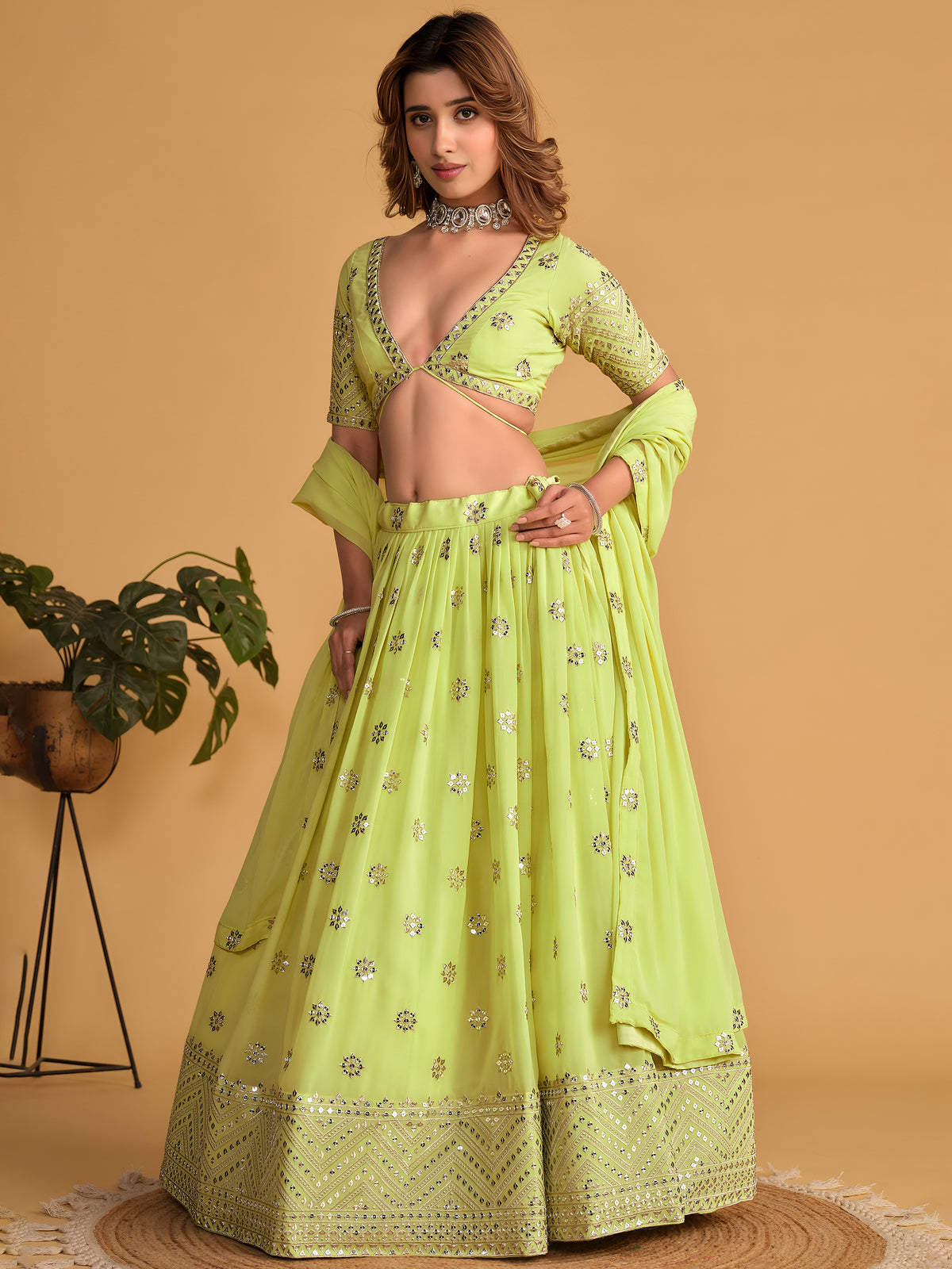 NEON Green Embroidered Lehenga Choli with Mirror Work and Designer Dupatta