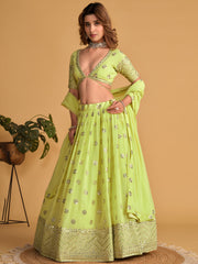 NEON Green Embroidered Lehenga Choli with Mirror Work and Designer Dupatta