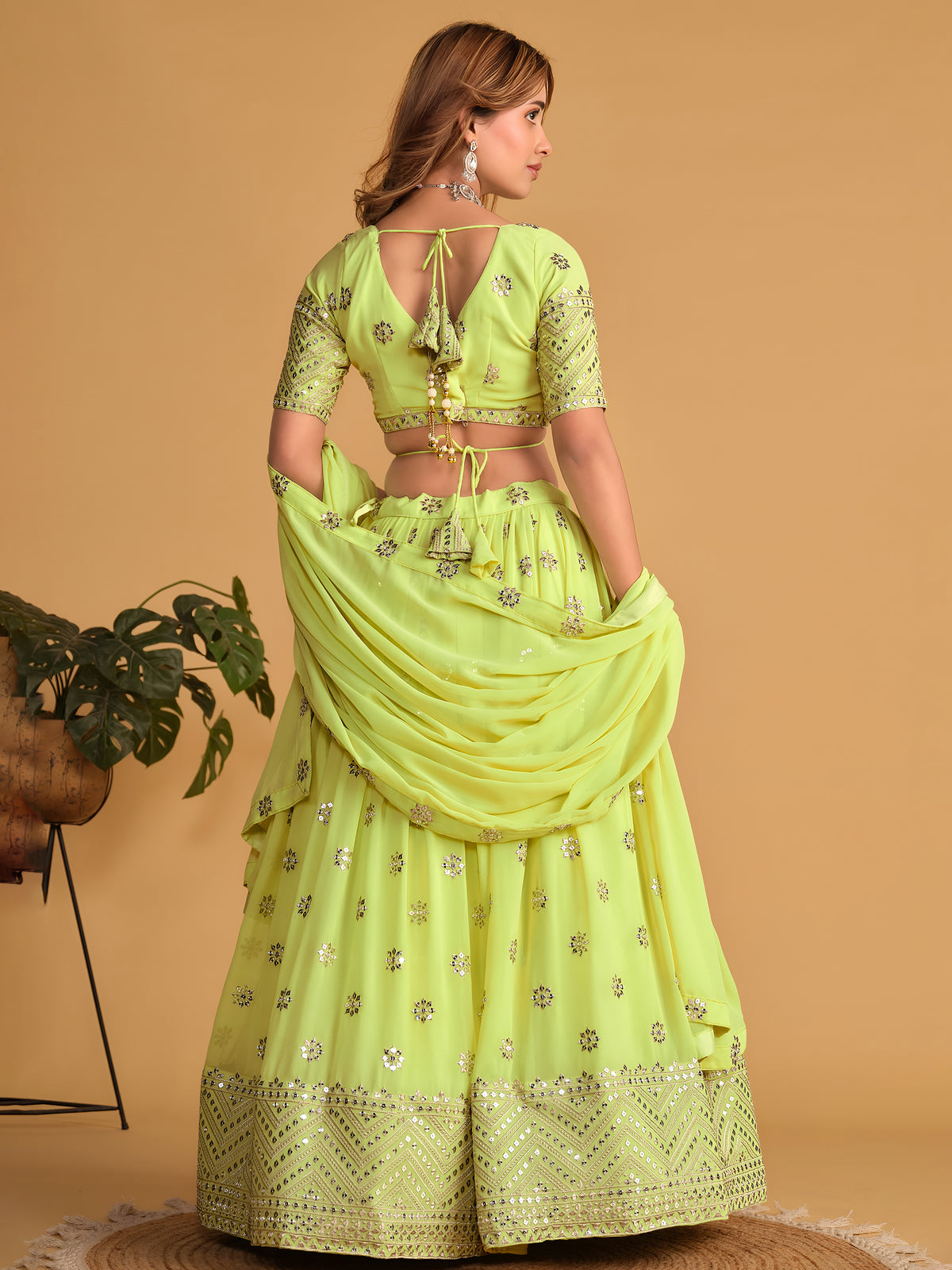 NEON Green Embroidered Lehenga Choli with Mirror Work and Designer Dupatta