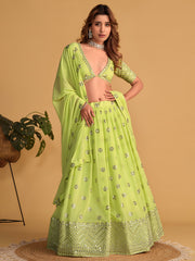 NEON Green Embroidered Lehenga Choli with Mirror Work and Designer Dupatta
