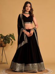 Black Designer Lehenga Choli with Silver Embroidered Border and Dupatta
