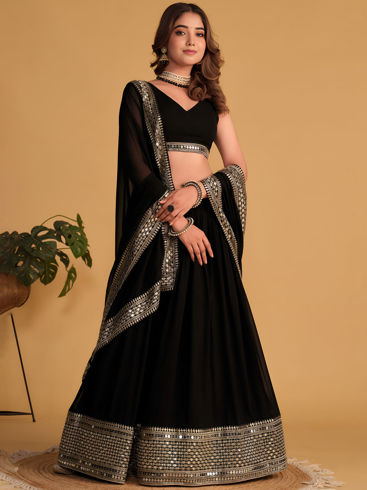 Black Designer Lehenga Choli with Silver Embroidered Border and Dupatta